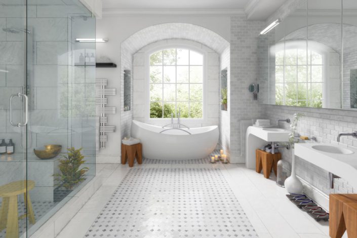 Master Bathroom with Tile Mosaic Floor