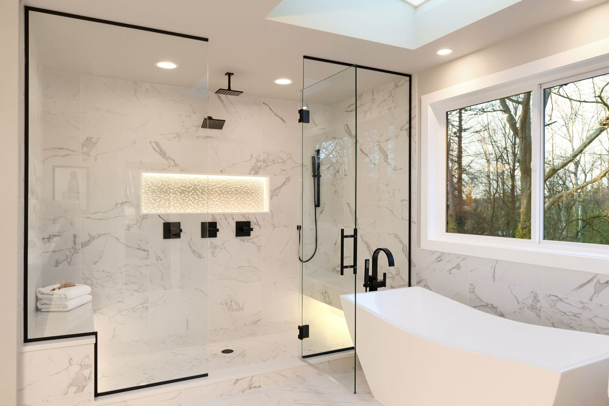 Marble Shower with Black Accents