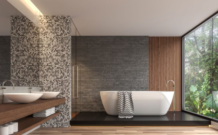 Modern Bathroom with Tile Mosaic Accent Wall