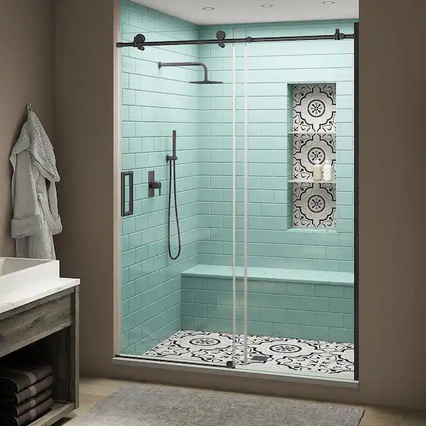 Matte Black Stainless Steel Polished Chrome Aston Coraline Frameless Sliding Shower Door with StarCast Clear Glass